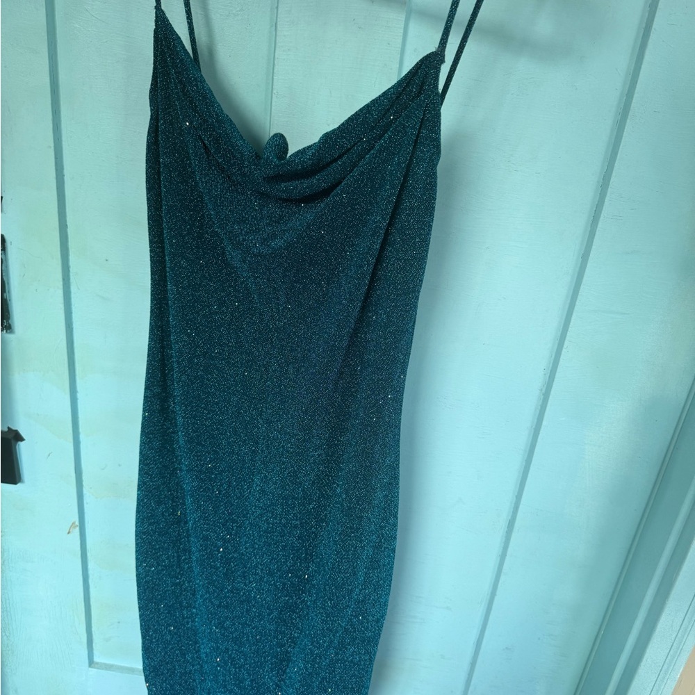 Bebe Sparkling Teal Backless Dress